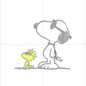 May include: A black and white illustration of Snoopy wearing sunglasses and a yellow bird wearing sunglasses. The bird is standing to the left of Snoopy.