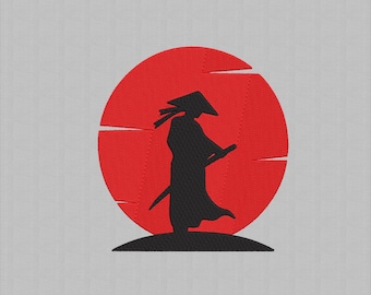 Samurai Silhouette Embroidery Design, Japanese Warrior Sunset Patch, Minimal Japan Style Stitch Pattern for Shirts Hats Bags