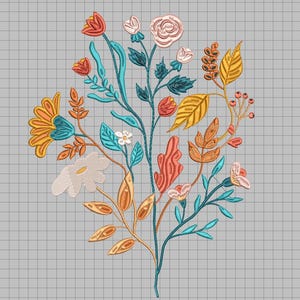 Puede incluir: Un ramo de flores bordadas de colores con flores y hojas de color naranja, amarillo, rosa, blanco y azul. El ramo está sobre un fondo de cuadrícula gris y blanco.