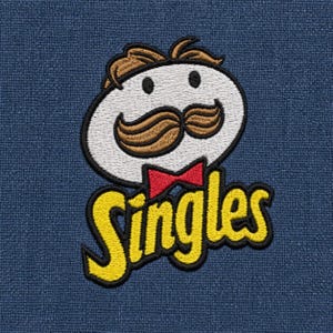 May include: An embroidered patch on a dark blue textured fabric featuring a white oval face with brown hair, a brown mustache, and a red bowtie. Below the face, the word Singles is embroidered in yellow with a thick black outline.