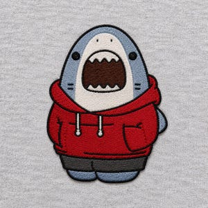 Peut inclure: Un écusson brodé représentant un requin de dessin animé au corps bleu clair et au ventre blanc, portant un sweat à capuche rouge vif avec des cordons blancs et un short gris foncé. Le requin a la bouche grande ouverte montrant des dents pointues.