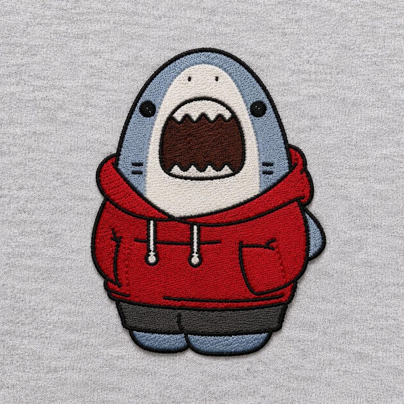 Pu&ograve; includere: Una toppa ricamata raffigurante uno squalo dei cartoni animati con corpo azzurro e pancia bianca, che indossa una felpa con cappuccio rosso acceso con lacci bianchi e pantaloncini grigio scuro. Lo squalo ha la bocca spalancata con denti bianchi.