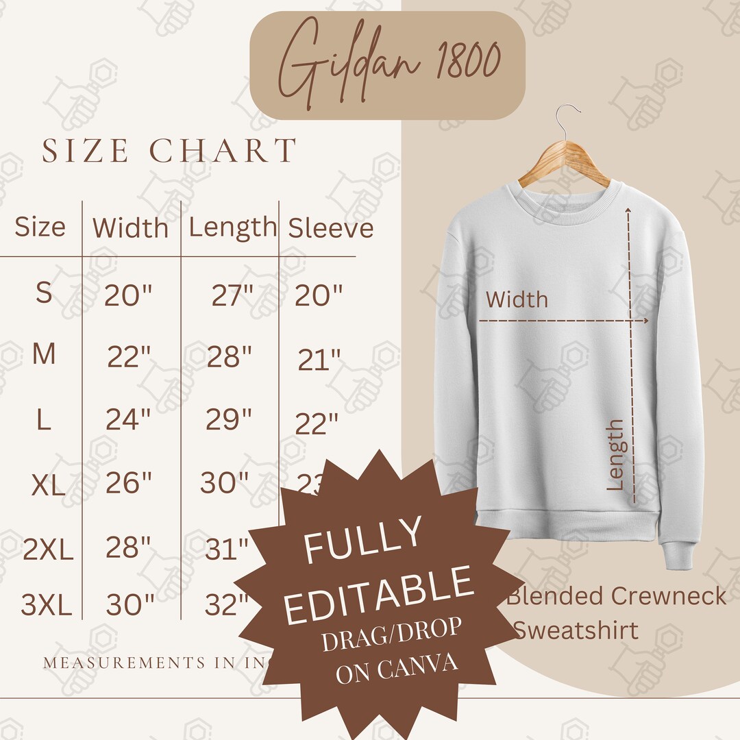 Editable Gildan 1800 Crewneck Size Chart. Customizable Guide Etsy