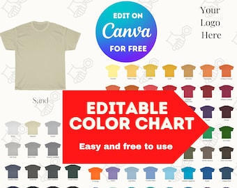 FULLY EDITABLE Gildan 5000 Color Swatch T-shirt Chart, Gildan 5000 Unisex Men Women T-shirt Custom Chart, Downloadable Color Guide Mockup