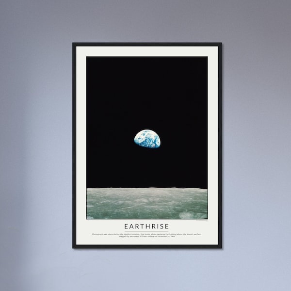 Earthrise - Apollo 8, Photographie encadrée de vol spatial, Décoration murale de la maison, Impression spatiale, Art moderne contemporain, Impression minimaliste, Art spatial