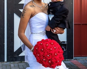 Real Touch Rose 17" Red Bouquet W/ diamond Rhinestones