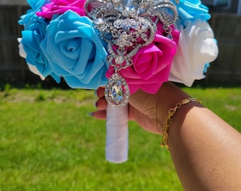 Fuschia Pink, Light Teal, & White Silver Brooch Wedding Bride 12" Bouquet W/ Wrist Kissing Flower Balls (Bridesmaids)