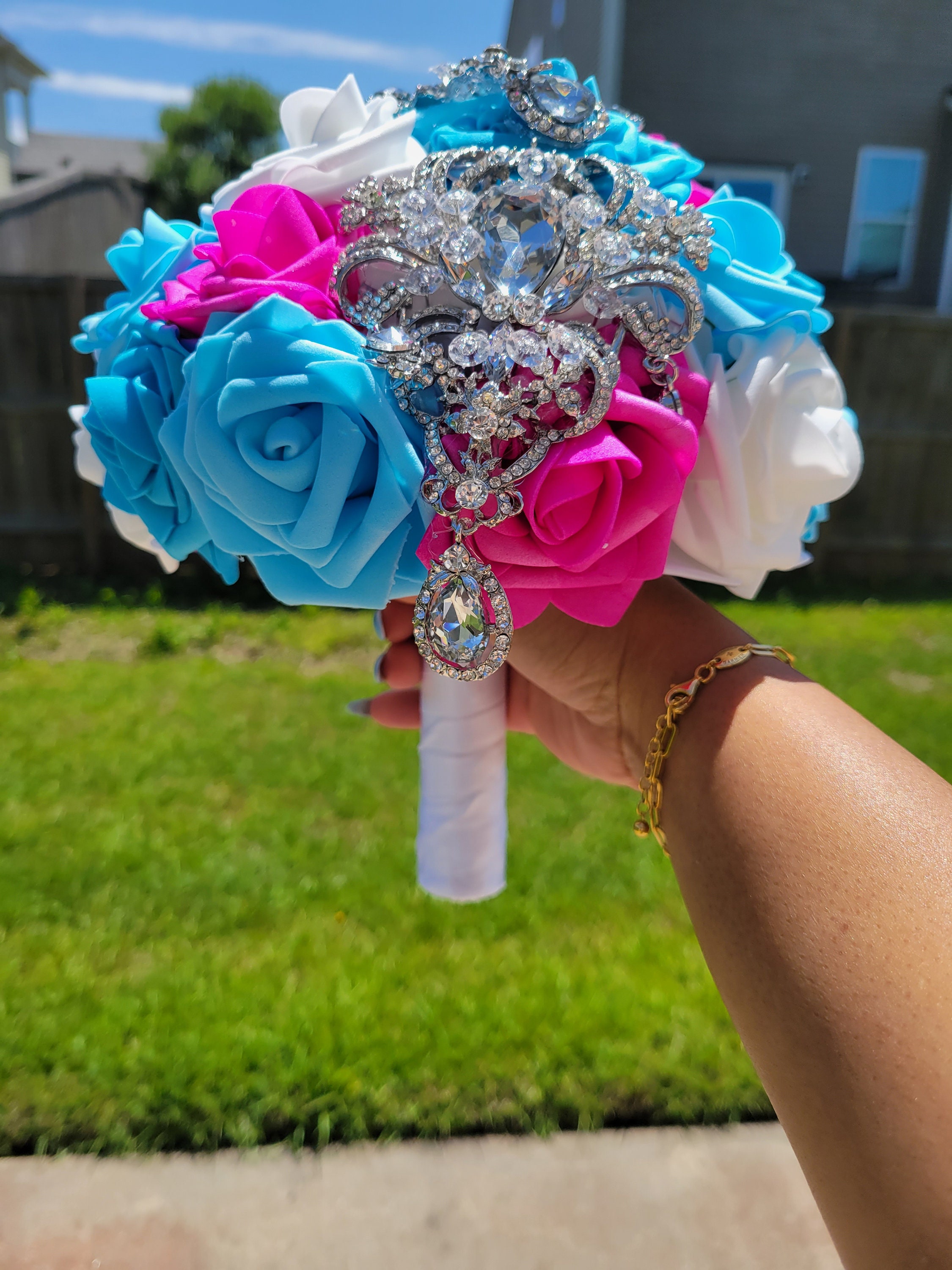 No.0334 シュライナー　 ピンク＆アクアブルー　ブローチ Fuschia Pink, Light Teal, & White Silver Brooch Wedding Bride 12