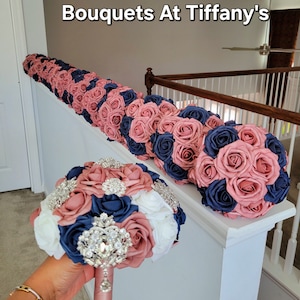 Navy blue/Dusty Rose/White brooch bridal/ bridesmaids real touch rose bouquets