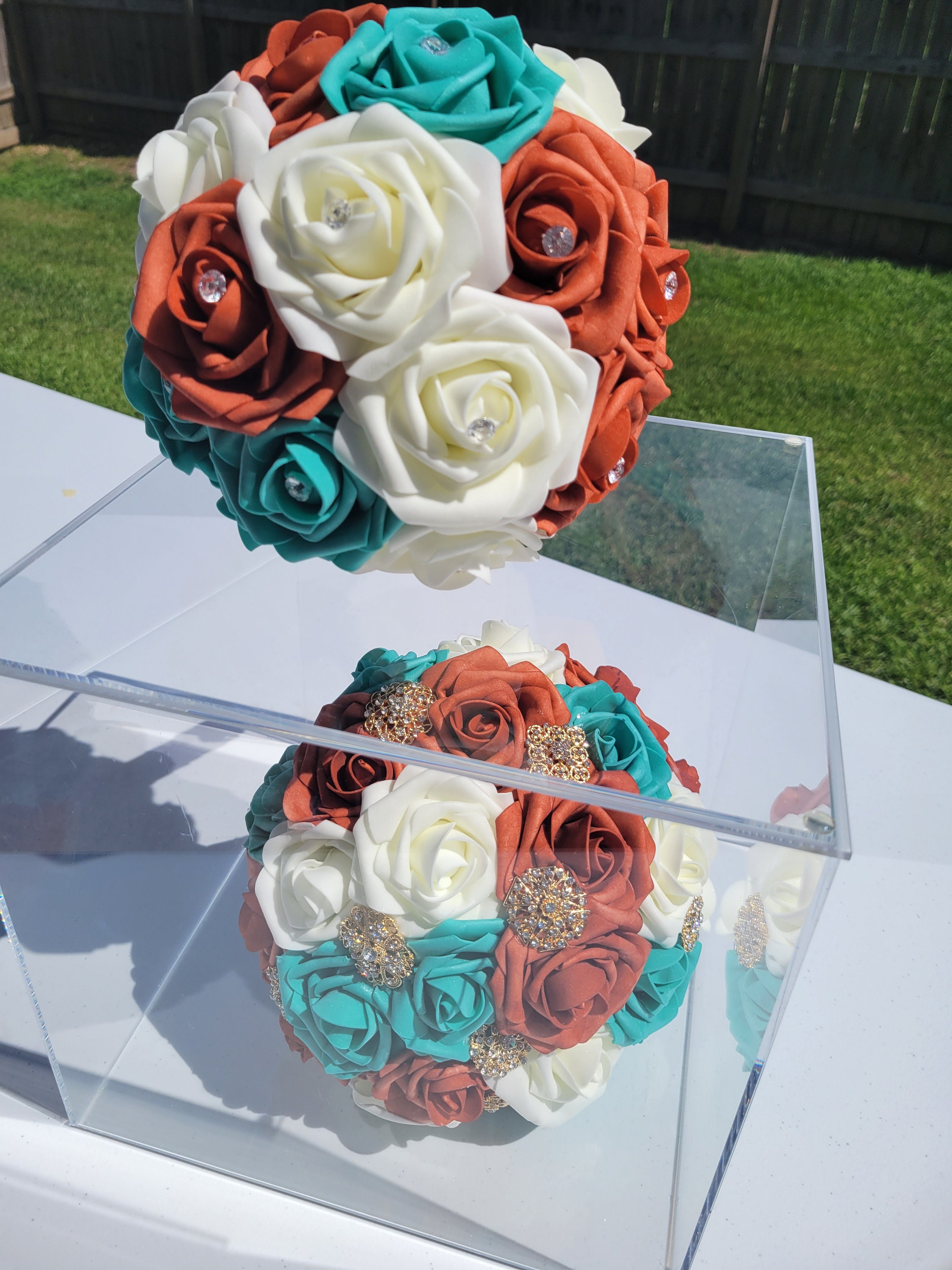 Burnt Orange Teal & Ivory Brooch Wedding Bouquet Etsy