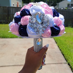 Satin Rose Brooch blush pink,Navy Blue, & white wedding bouquet