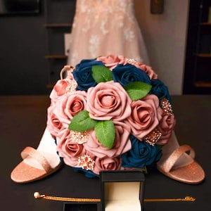 Dusty Rose, Navy Blue Brooch Wedding Bouquet, Wrist Corsages, Boutonnieres Package