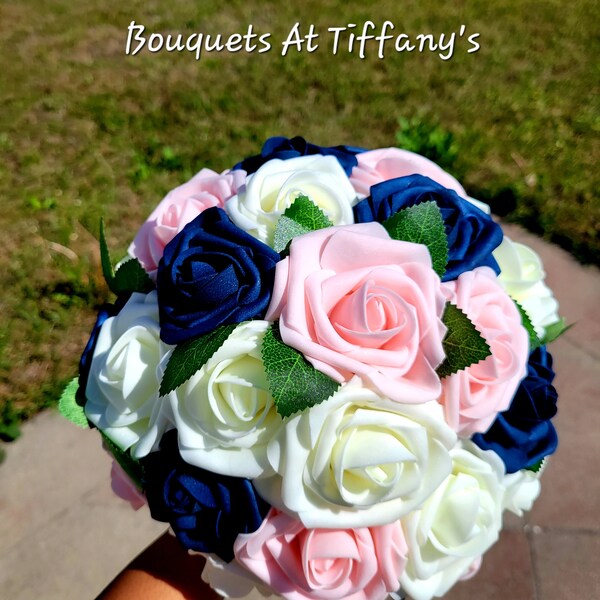 Navy Blue, Blush Pink, & Ivory Real Touch Rose Bouquet, Wrist Corsages, Boutionnieres