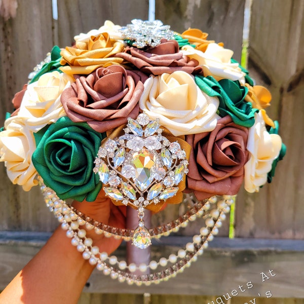 Bride 14" Bouquet,wrist corsage,boutonnieres chocolate brown,hunter green,gold,champagne