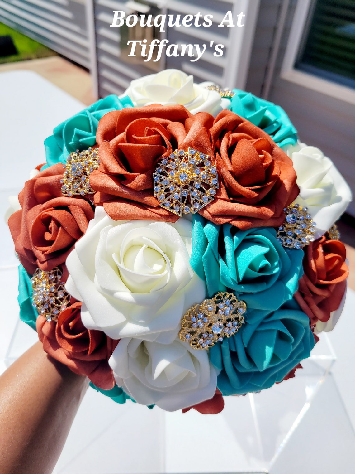 Burnt Orange Teal & Ivory Brooch Wedding Bouquet image 1