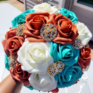 Burnt Orange, Teal, & Ivory Brooch Wedding Bouquet