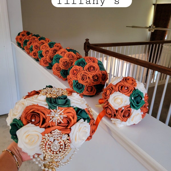 Real touch rose burnt orange/hunter green bouquets and boutonnieres