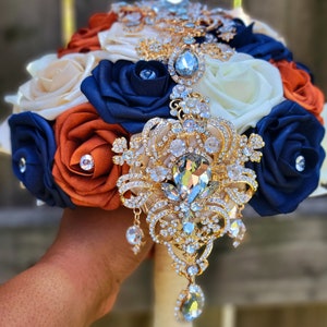 Bride 12&quot; Burnt orange, navy blue, ivory, champagne gold Brooch Bouquet, bridesmaids 8&quot; Bouquets navy blue & burnt orange, wedding broom,