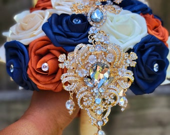 Bruid 12" Verbrand oranje, marineblauw, ivoor, champagne goud Broche Boeket, bruidsmeisjes 8" Boeketten marineblauw & verbrand oranje, bruiloft bezem,