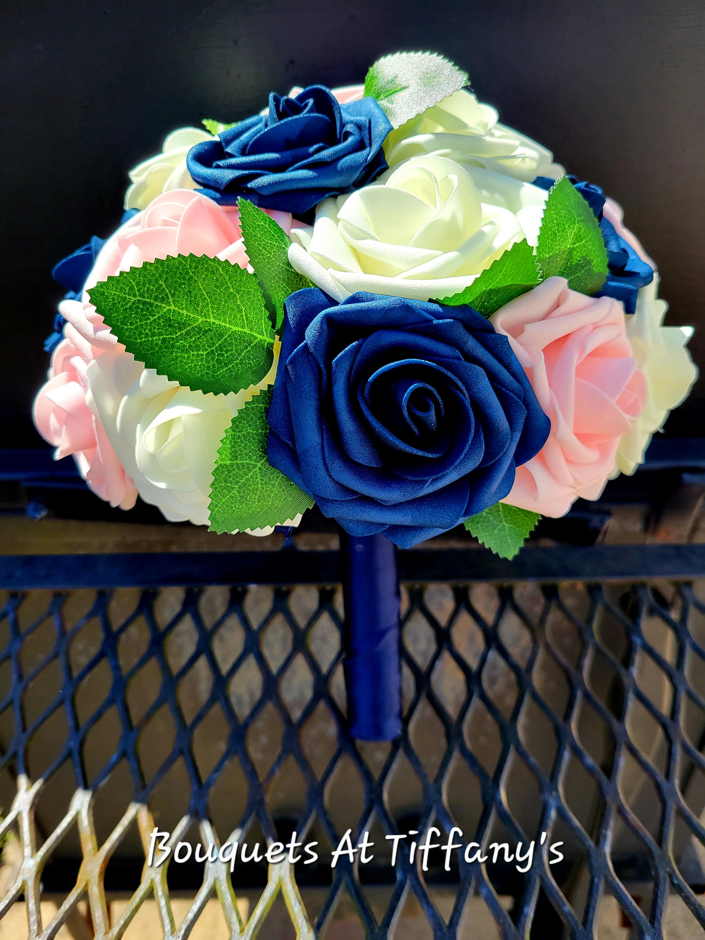 Navy Blue Blush Pink & Ivory Real Touch Rose Bouquet Wrist Etsy