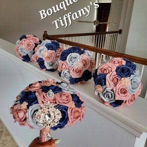 Navy Blue,Silver,& Dusty Rose Real touch rose gold brooch Bouquets Bou