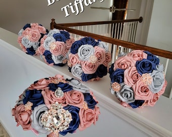 Navy Blue,Silver,& Dusty Rose Real touch rose gold brooch Bouquets Bou