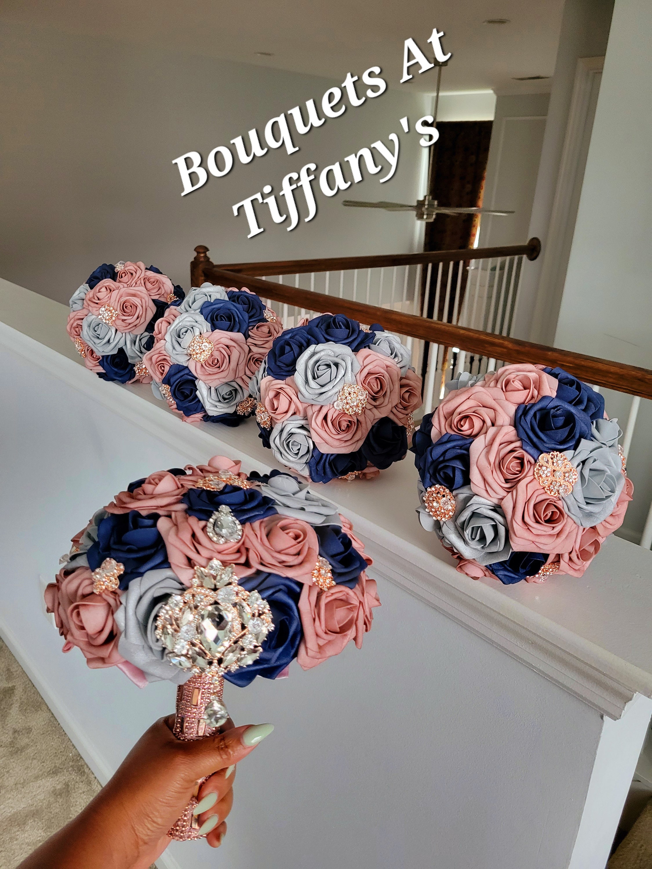 Navy Blue,Silver,& Dusty Rose Real touch rose gold brooch Bouquets Bou