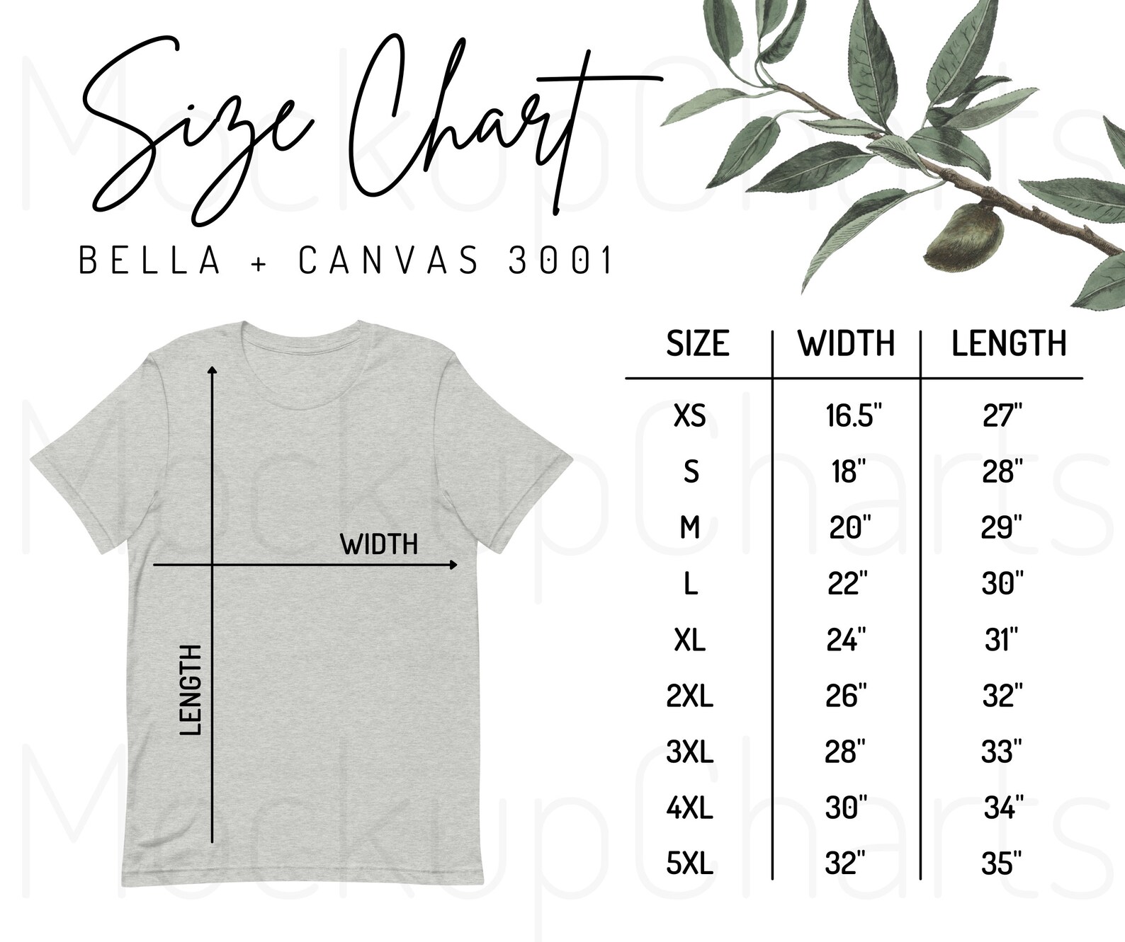 Bella Canvas 3001 Size Chart XS-5XL Bella Canvas T-shirt - Etsy