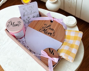 Personalized Kitchen Gift Box: Wood & Marble Cheeseboard Coaster Candle Tea Towel Set