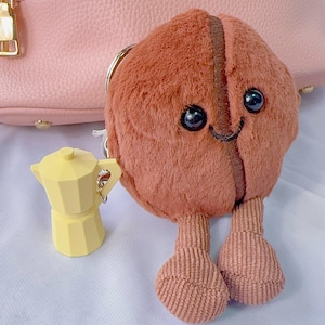 Coffee Bean Keychain, With Mini Coffee Moka Pot Keychains, Soft Plushy Bag Charms