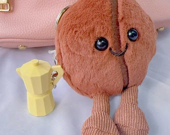 Coffee Bean Keychain, With Mini Coffee Moka Pot Keychains, Soft Plushy Bag Charms