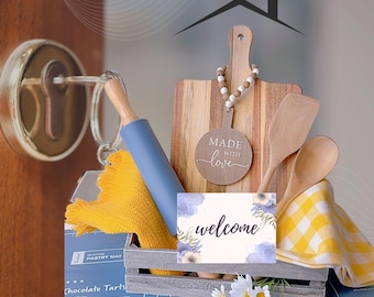 Housewarming Kitchen Gift Basket, Wood Cutting Board, Baking Set