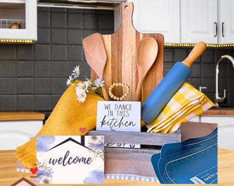 Personalized Kitchen Gift Basket, Acacia Wood Utensils, Cutting Board, Housewarming Gift