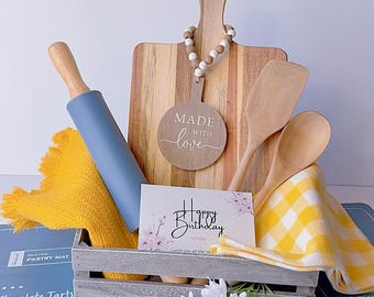 Personalized Kitchen Gift Basket: Acacia Wood Utensils & Cutting Board, Baking and Cooking Gifts