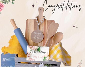 Personalized Kitchen Gift Basket: Acacia Wood Utensils, Cutting Board, Pastry Set