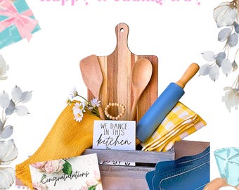 Personalized Kitchen Gift Basket: Acacia Wood Cooking Set