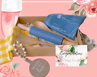 Personalized Kitchen Gifts Set, Custom Name Rolling Pin With Pastry Mat, Towels, Wood Spoons