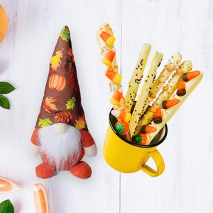 Thanksgiving Gifts Gnome with Chocolate Covered Pretzel Rods 1 dozen - Gnome Holiday Decor - Autumn Fall Gifts For Her For Him, Gift Father