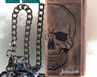 Personalized Leather Biker Wallet with Chain, Custom Engraved Credit Cards Holder