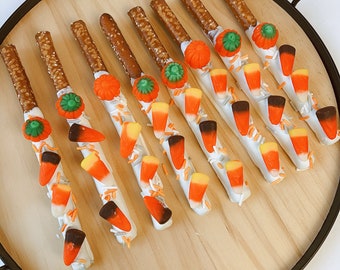 Thanksgiving Fall Wedding Favors Chocolate Dipped Corn Candy Pretzel Rods, Fall Wedding Favors, Chocolate Covered Pretzel Fall Gifts