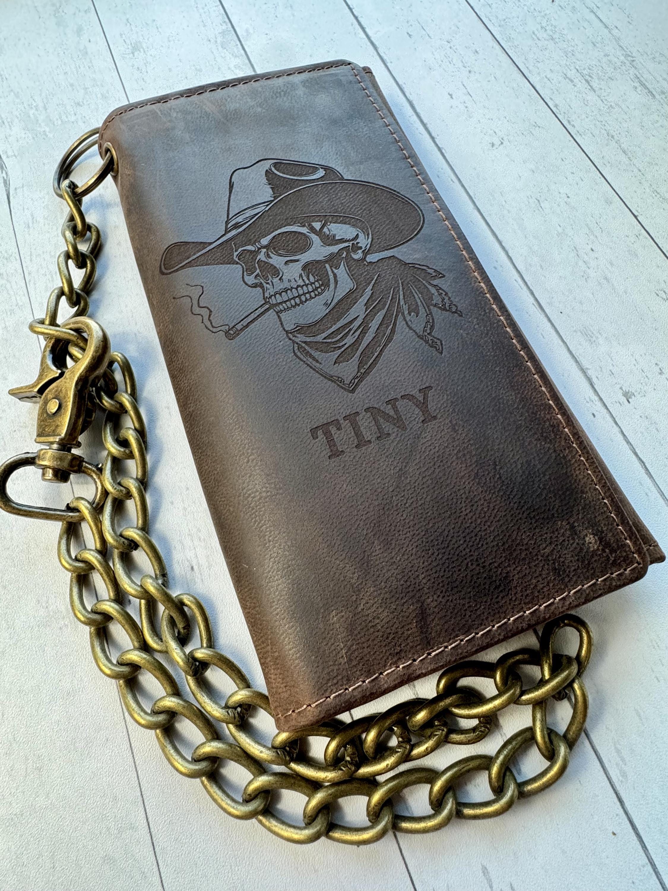 Personalized Leather Biker Wallet With Chain, Custom Engraved