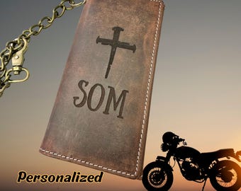 Genuine Leather Biker Wallet with Chain, Personalized Gift To Son, Custom Wallet For Him