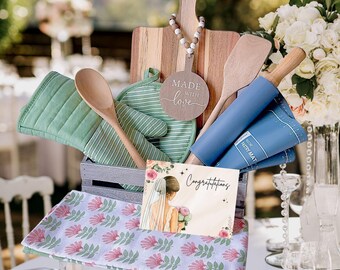 Personalized Kitchen Gift Basket: Wooden Cutting Board, Baking Set, Cooking Gifts