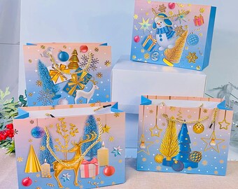 Christmas Gift Bags with Handles - Holiday Kraft Paper Bag (12 Sets)