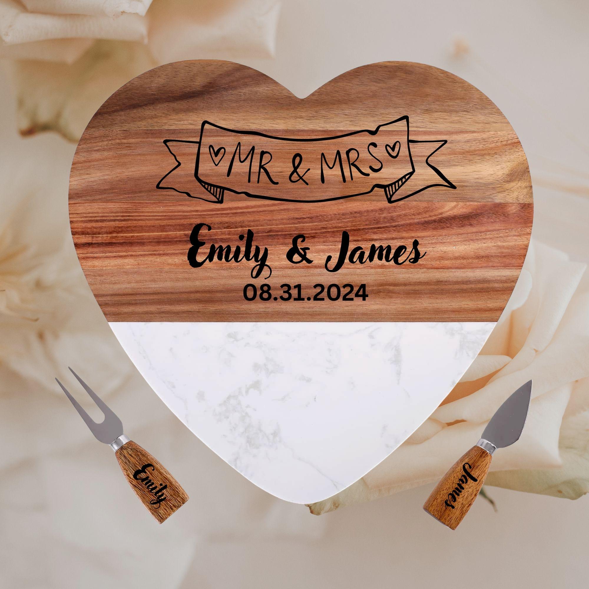 Personalized Marble Wood Cheese Board Set, Bridal Shower Gift
