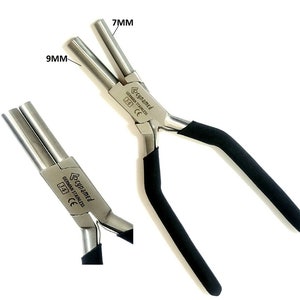 May include: A pair of silver-toned jewelry pliers with black rubber handles. The pliers have two different sized openings, 7mm and 9mm, for creating loops in wire. The pliers are labeled "Sylvaned German Stainless 1/4 CE".