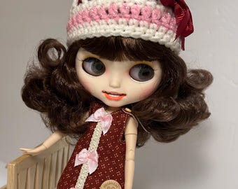 Blythe Doll Dress Set: Burnt Orange Cotton Dress & Crocheted Hat