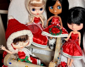 Blythe Embroidered Christmas Dresses or Crocheted Santa Hat