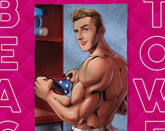 Beach Towel Captain America Super Homie, Gay Superheroes, Parody Illustration, Queer, Gay Artwork, Fun Bath Towel, Towel 35x70, Soft Towel