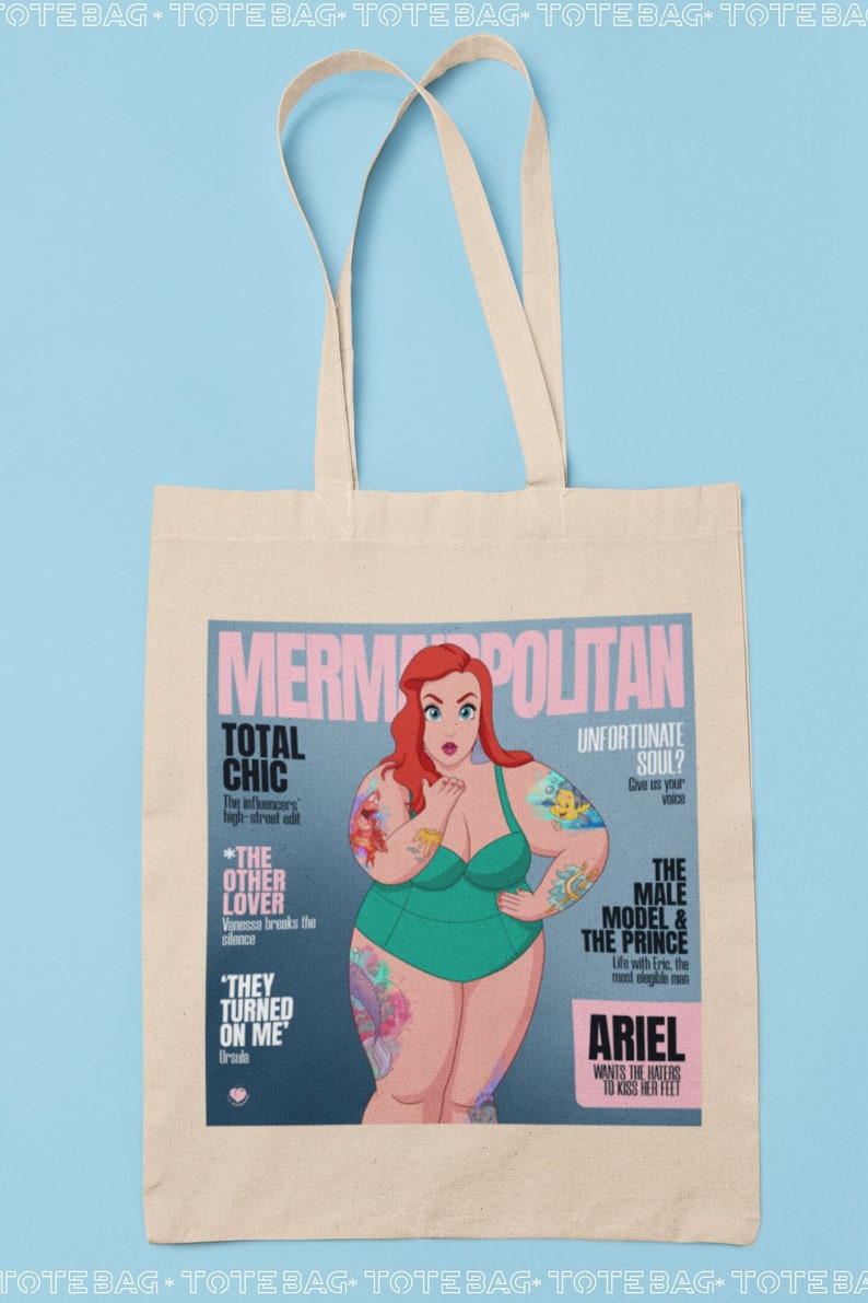 Tote Bag Mermaidpolitan Magazines, Princesses, Ariel, Original, Parody, Tote Bag, Fun Princess, Tessa H, Parody, Fun Tote Bag, Canvas Bag Natural